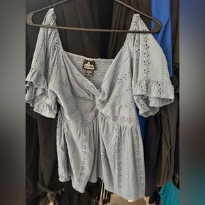 Angie Pale Blue Eyelet Off-Shoulder Twist Front top. Cute western shirt
